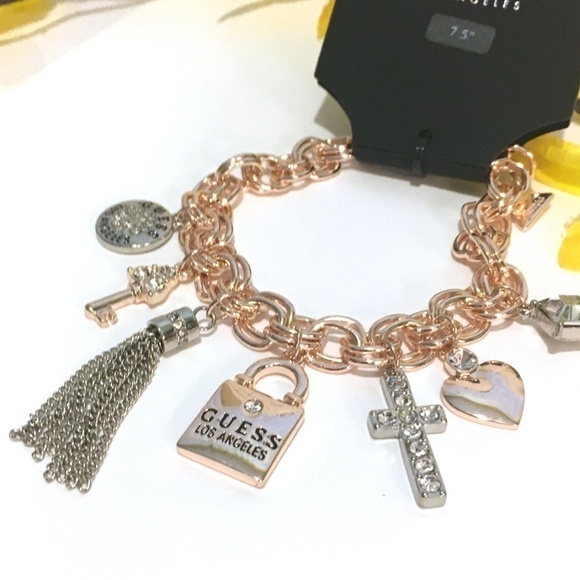 3/$29! GUESS Charm Bracelet Lock Key Cross Tassel - Picture 3 of 8